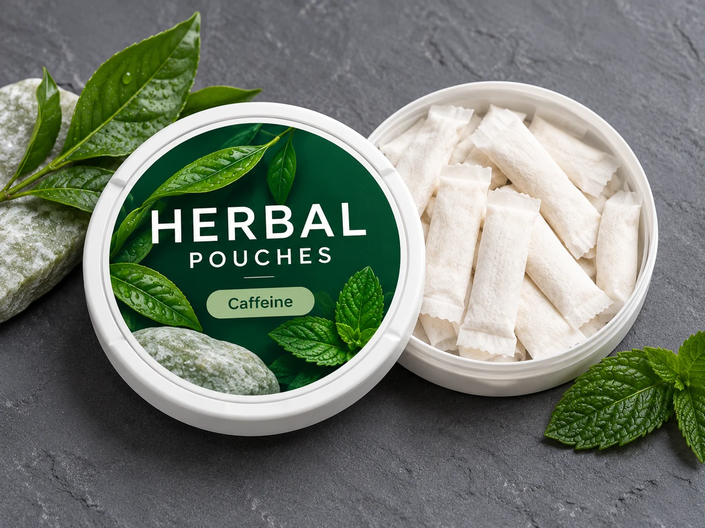 Caffeine Pouches concept in a shallow round can with slim white oral pouches