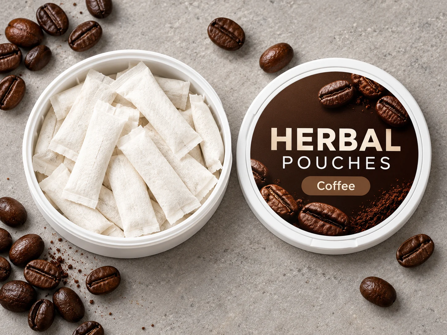 Coffee Pouches concept in a shallow round can with slim white oral pouches