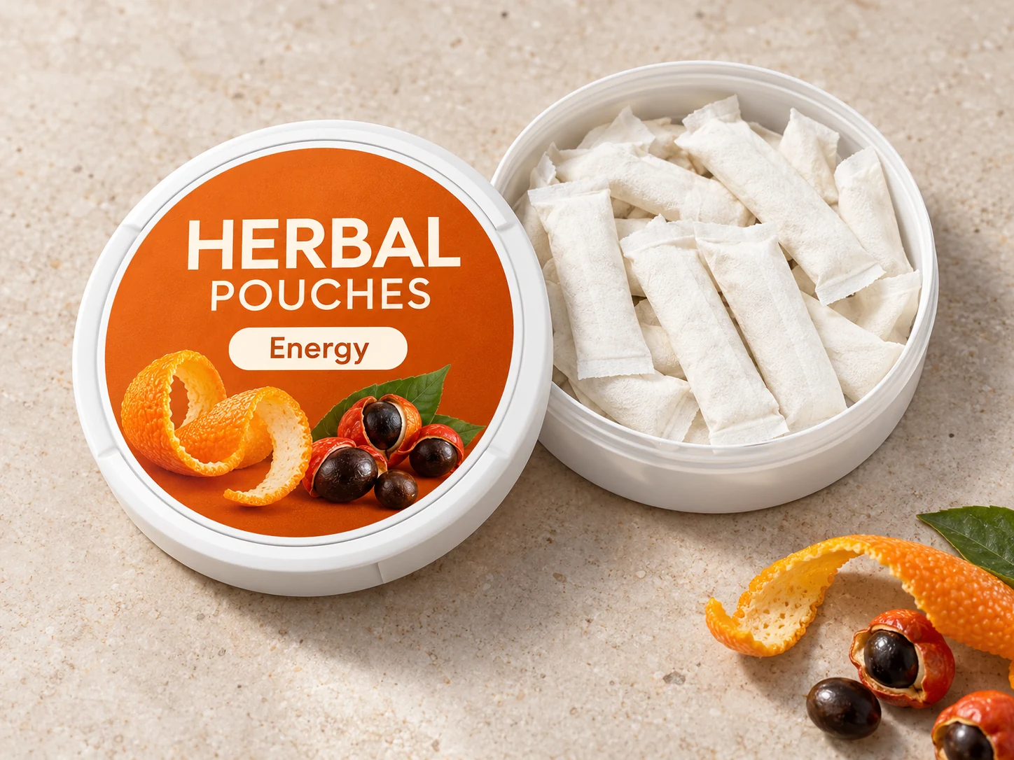 Energy Pouches concept in a shallow round can with slim white oral pouches