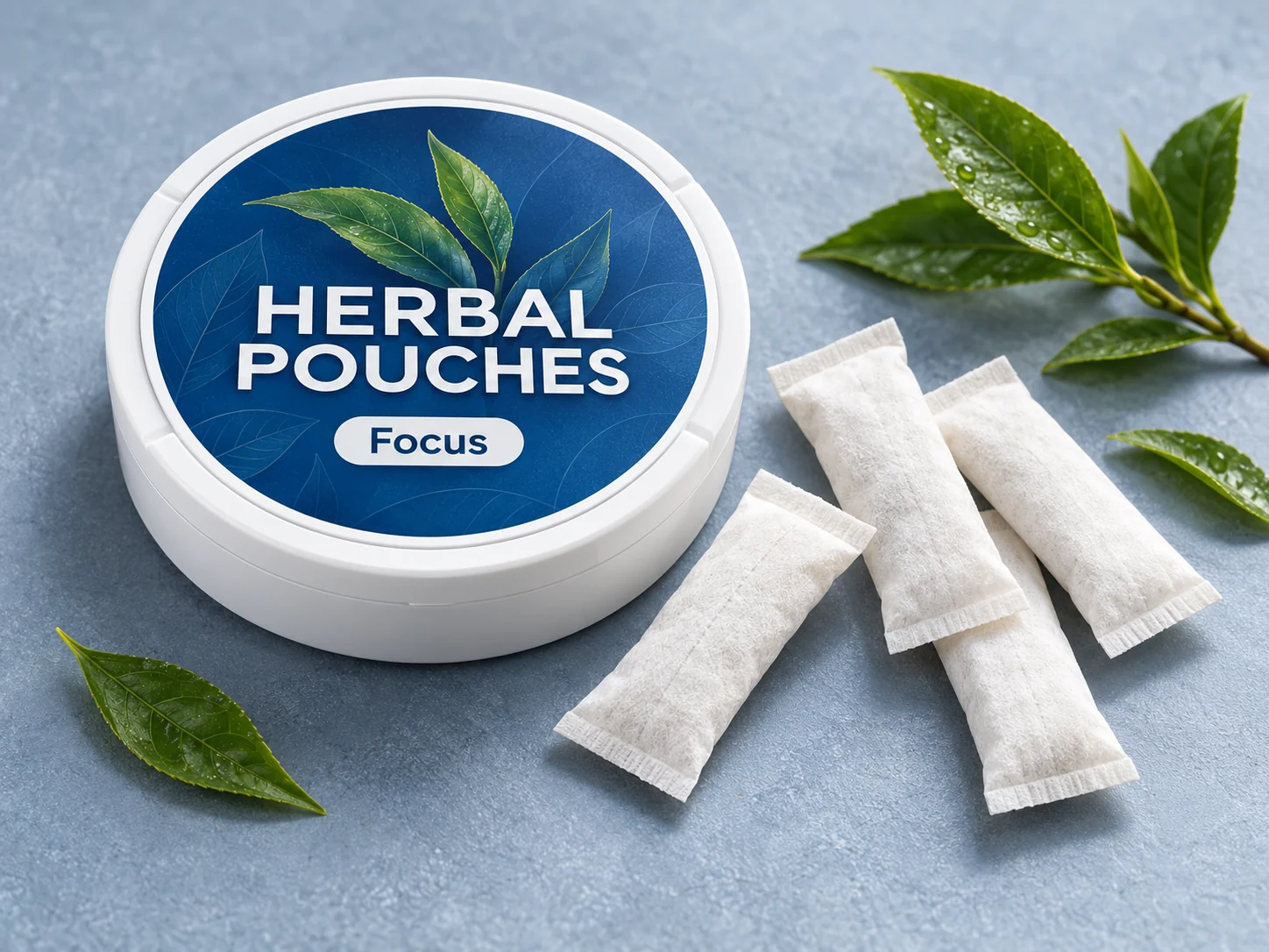 Focus Pouches concept in a shallow round can with slim white oral pouches