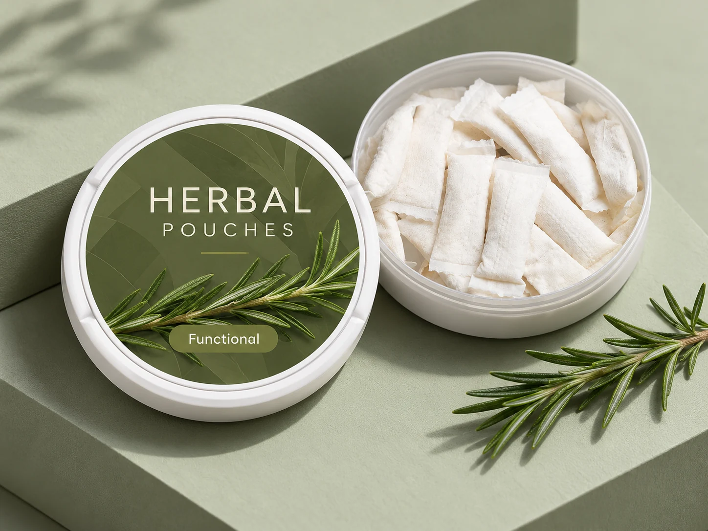 Functional Pouches concept in a shallow round can with slim white oral pouches