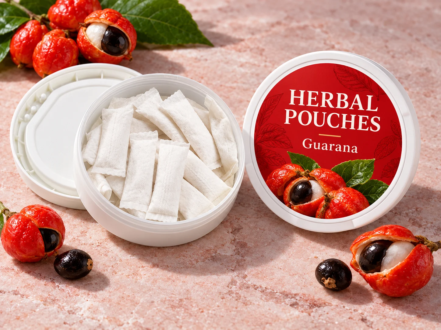Guarana Pouches concept in a shallow round can with slim white oral pouches
