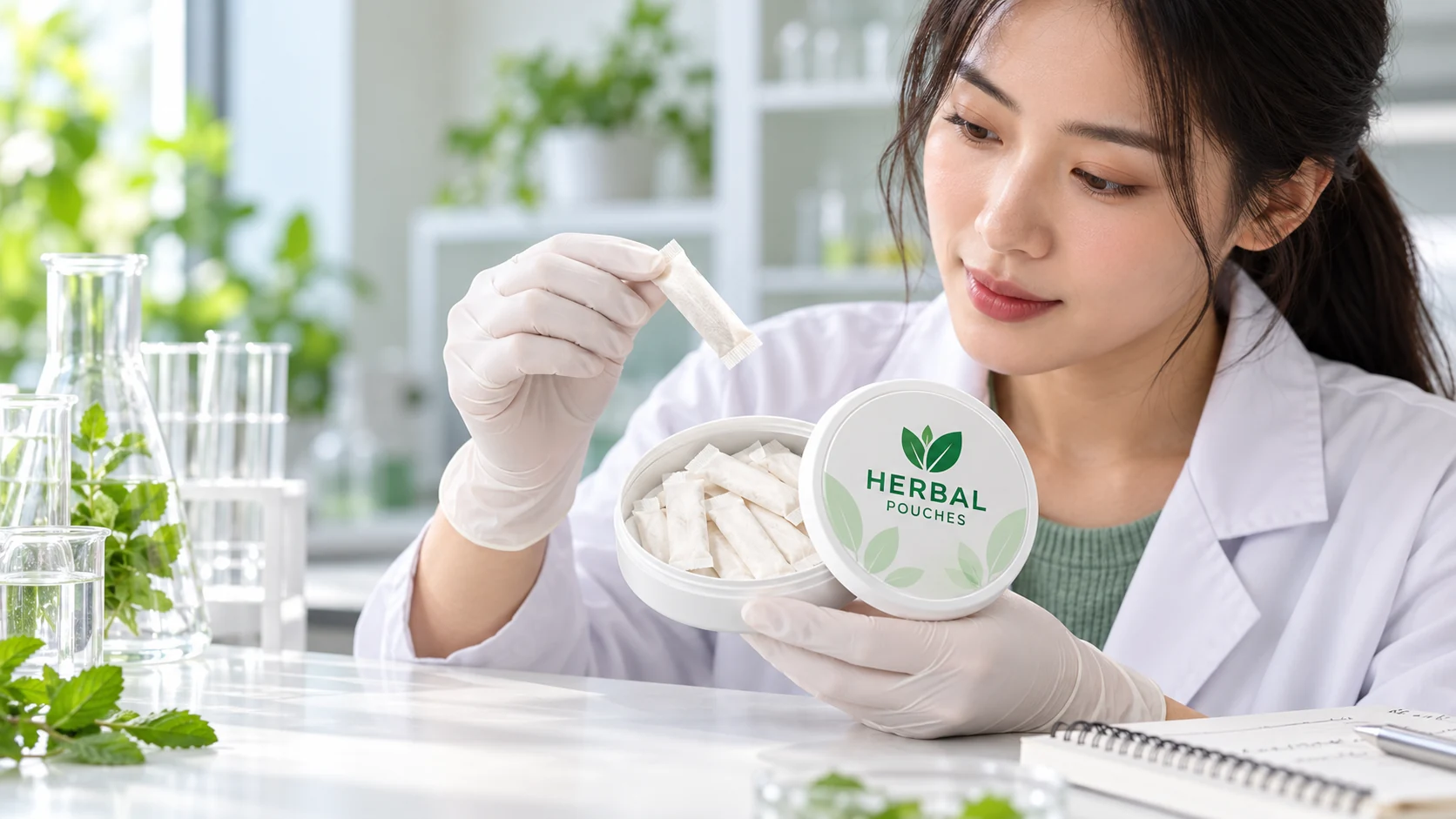 Illustrative East Asian specialist reviewing a slim oral pouch