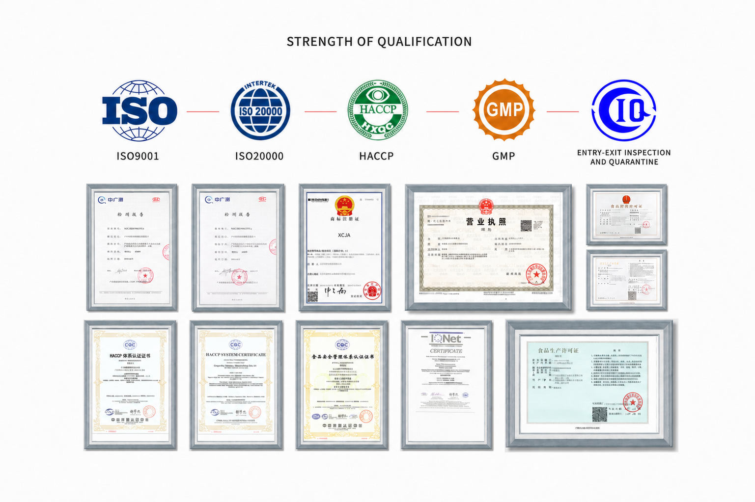 Company-supplied qualification document overview, including certificate and license images