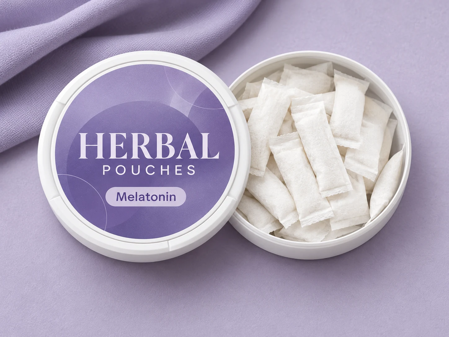 Melatonin Pouches concept in a shallow round can with slim white oral pouches