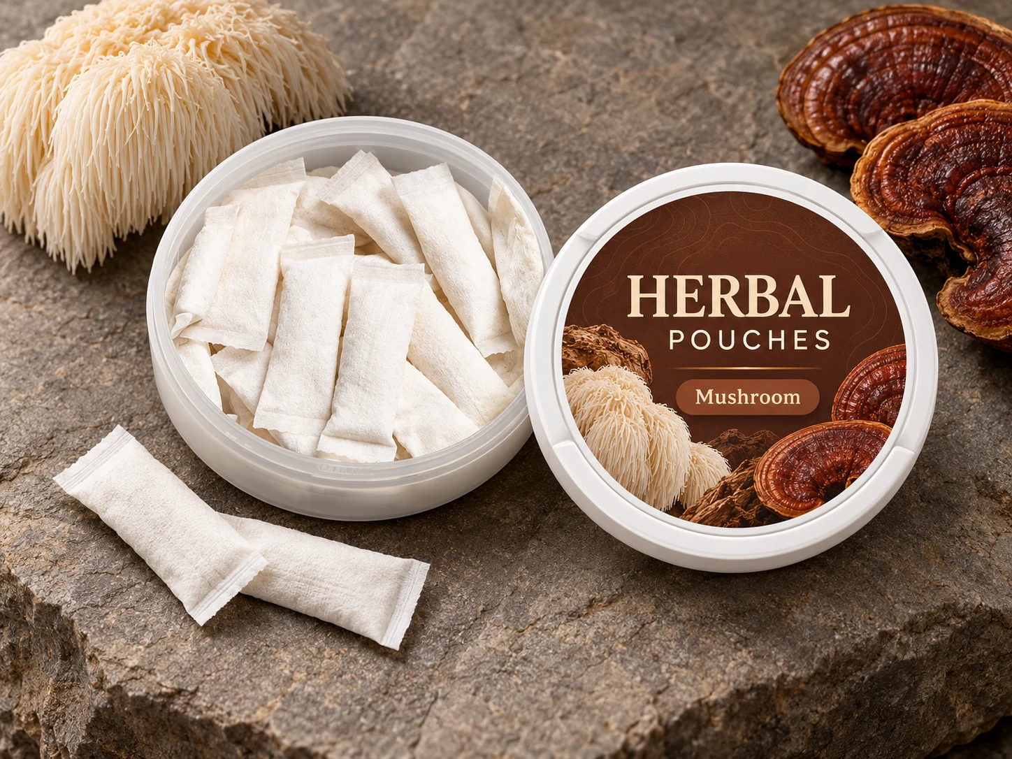 Mushroom Pouches concept in a shallow round can with slim white oral pouches
