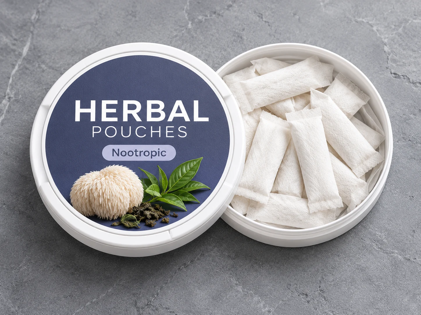 Nootropic Pouches concept in a shallow round can with slim white oral pouches