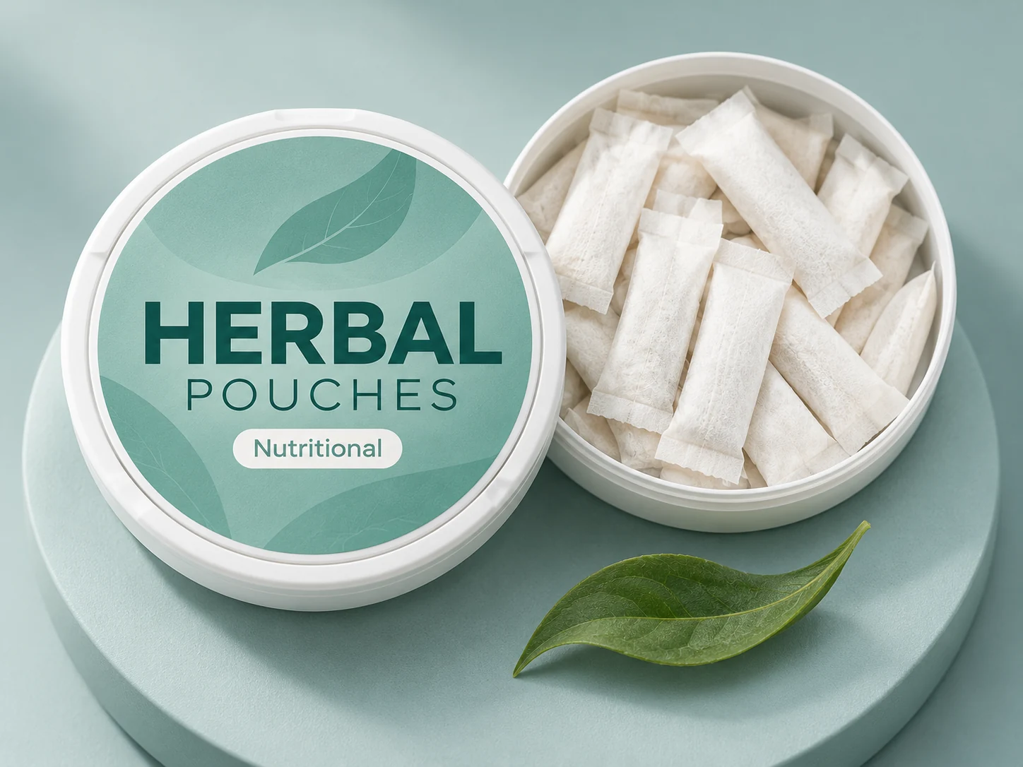 Nutritional Pouches concept in a shallow round can with slim white oral pouches