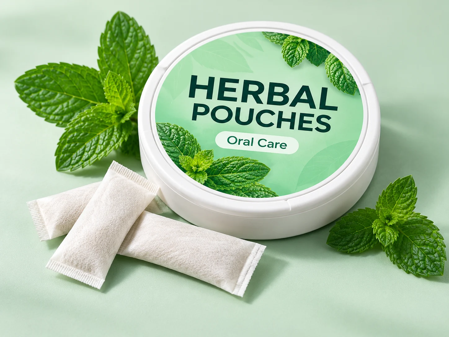 Oral Care Pouches concept in a shallow round can with slim white oral pouches