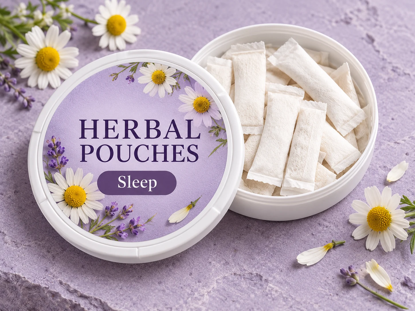 Sleep Pouches concept in a shallow round can with slim white oral pouches