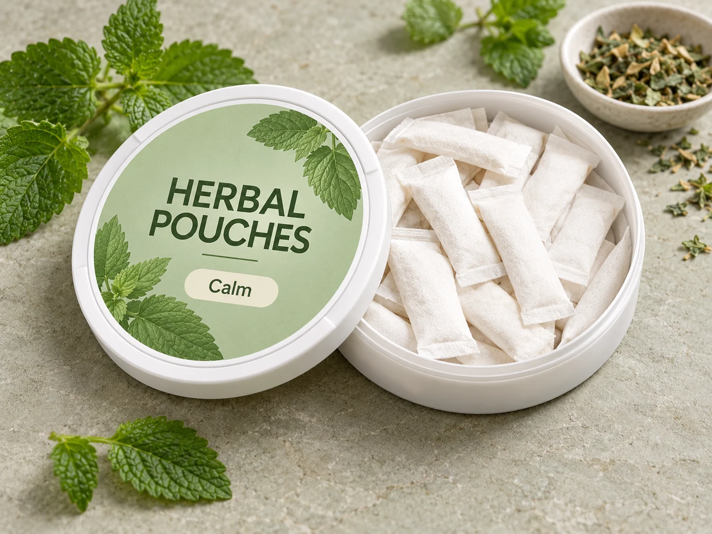 Stress Relief Pouches concept in a shallow round can with slim white oral pouches