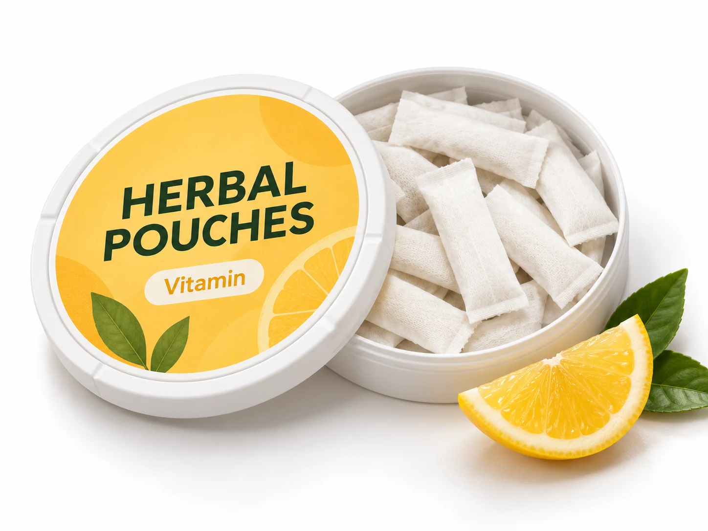 Vitamin Pouches concept in a shallow round can with slim white oral pouches