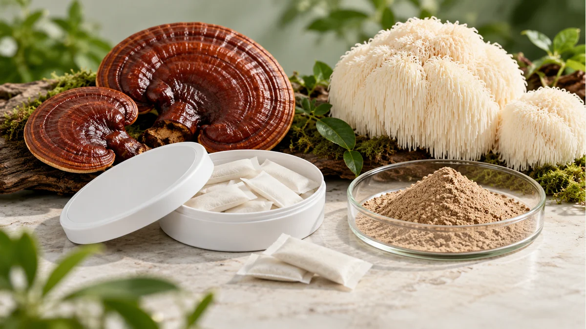 Mushroom extract specifications: fruiting body, mycelium and identity editorial illustration