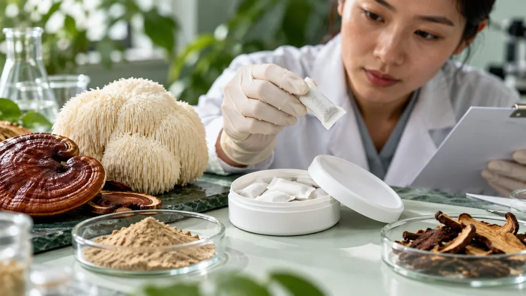 Mushroom Pouches: ingredients, quality and claim questions editorial illustration